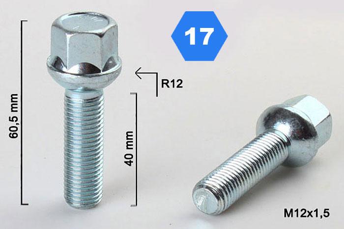 M12x1,5, Radius 12, Wielbout radius, Draadlengte 40mm, SW 17